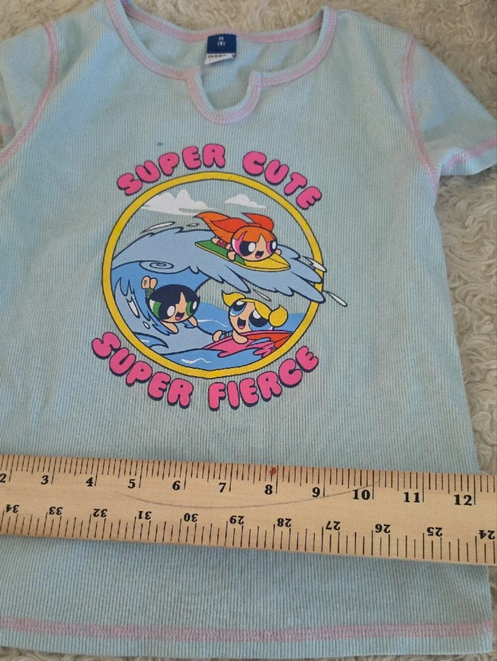Old Navy Light Blue Ribbed Tee with Pink Trim & Powerpuff Graphic